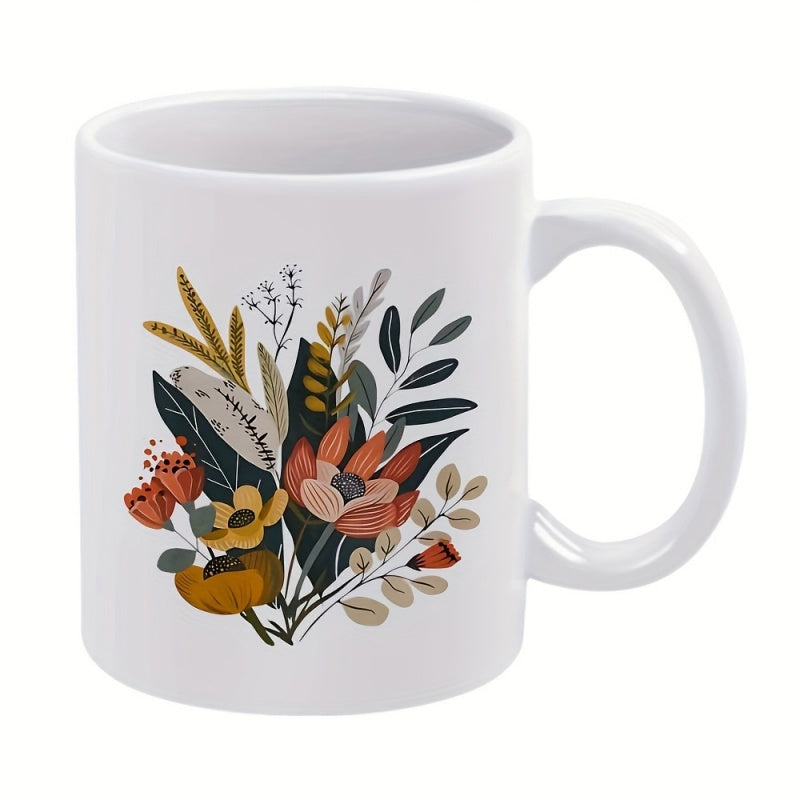 Tailorly White Ceramic 11 oz Mug - Artistic Earthy Toned Wildflowers With Decorative Leaves And Elegant Botanical Elements Flower