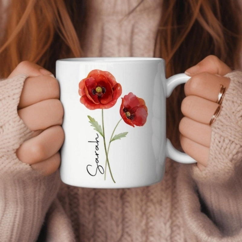 Tailorly White Ceramic 11 oz Mug - Sarah Elegant Watercolor Red Poppies With Green Leaves And Slender Stems Poppy
