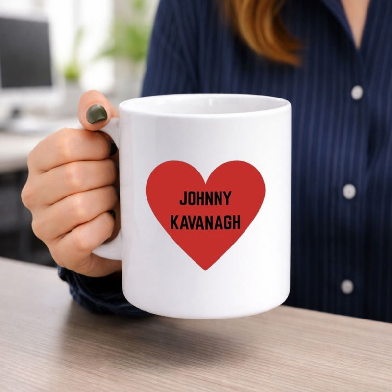 Tailorly White Ceramic 11 oz Mug - Johnny Kavanagh Vibrant Red Symbol Centered On Clean White Polished Minimalist Ceramic Heart