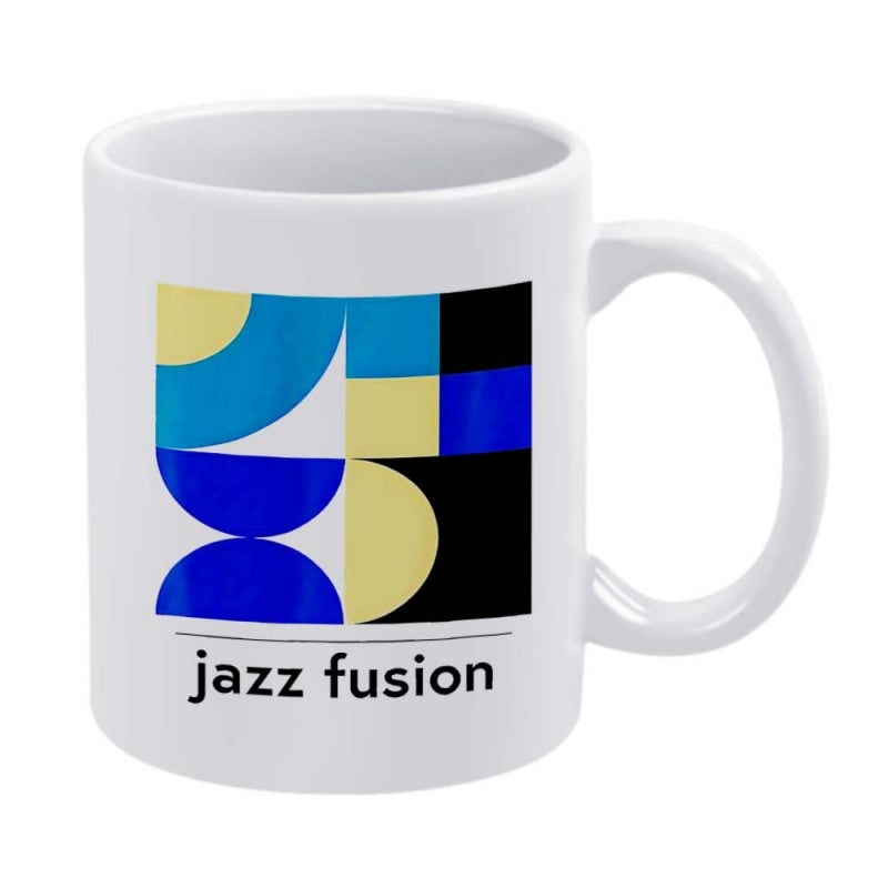 Tailorly White Ceramic 11 oz Mug - Jazz Fusion Abstract Geometric Shapes With Vibrant Blue And Yellow Colors Pattern