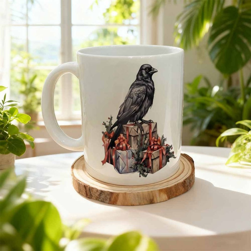 Tailorly White Ceramic 11 oz Mug - Majestic Black Raven Perched On Wrapped Gift Boxes With Ribbons Crow