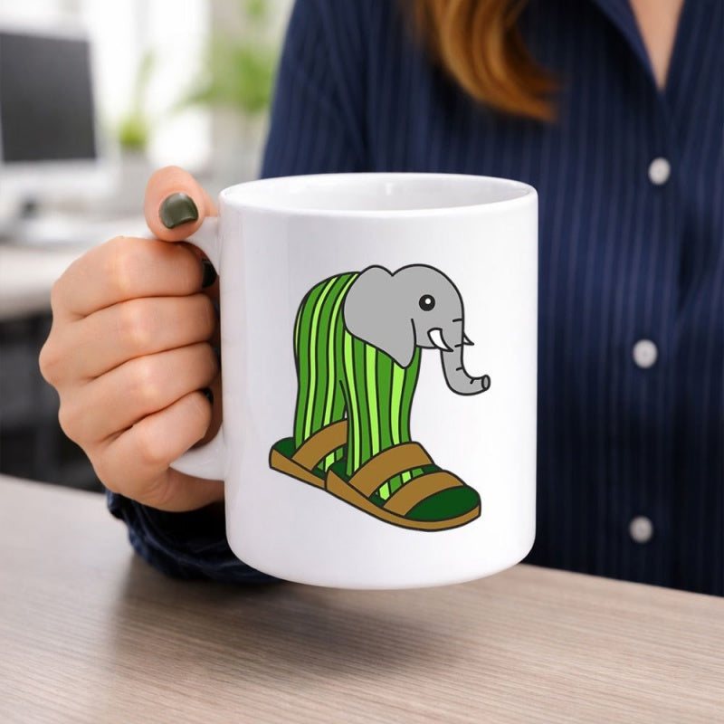 Tailorly White Ceramic 11 oz Mug - Unique Cartoon Illustration Featuring A Striped Green Creature Inside A Large Sandal Elephant