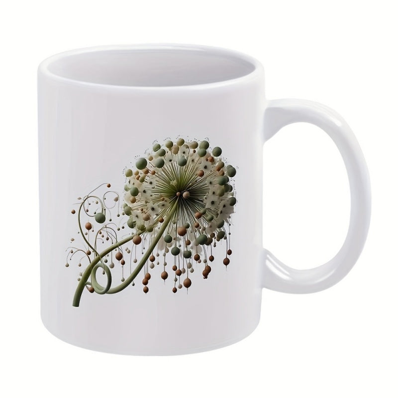 Tailorly White Ceramic 11 oz Mug - Intricate Stylized Dandelion Blowing In The Wind With Swirling Artistic Stem Dandelion