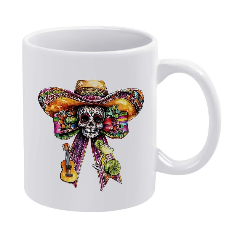 Tailorly White Ceramic 11 oz Mug - Vibrant Festive Sombrero With Colorful Flowers And Small Musical Guitar Sugar Skull