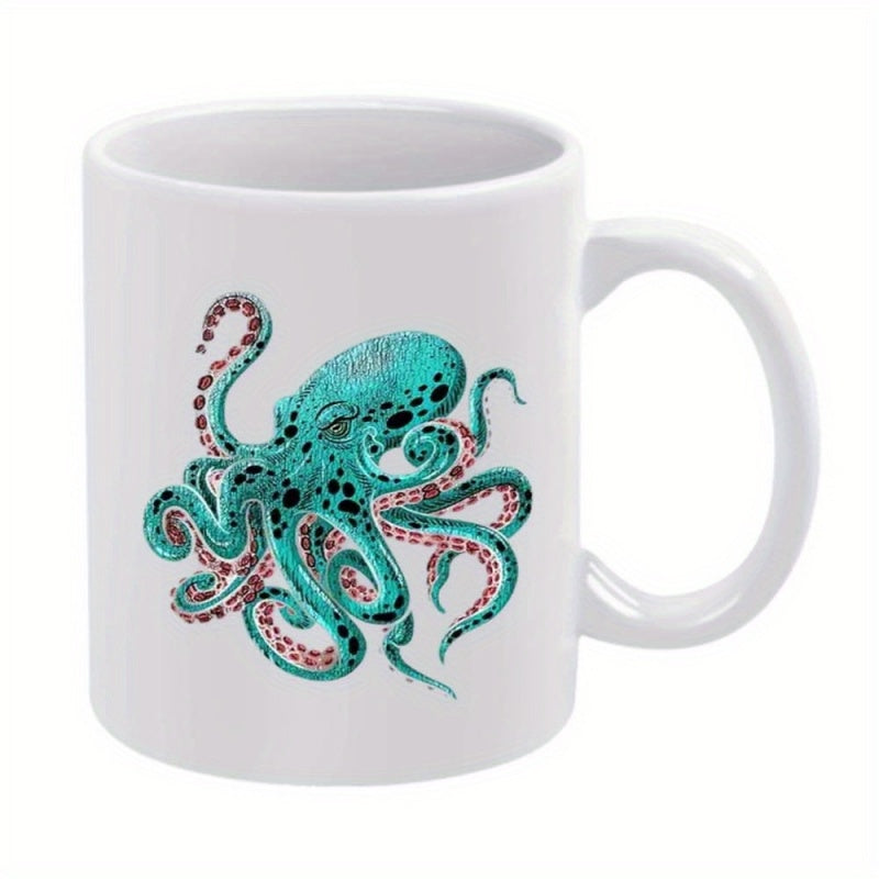 Tailorly White Ceramic 11 oz Mug - Vintage Teal Marine Creature With Swirling Tentacles And Spotted Skin Octopus