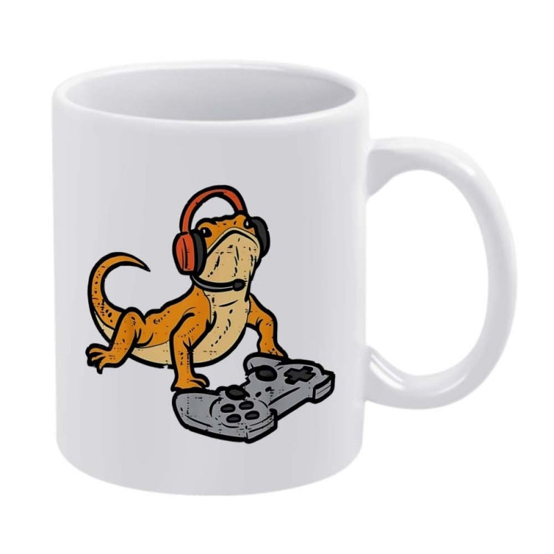 Tailorly White Ceramic 11 oz Mug - Orange Bearded Dragon Wearing Red Gaming Headphones Holding A Controller Lizard