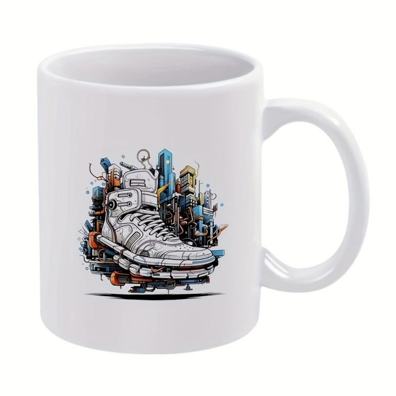 Tailorly White Ceramic 11 oz Mug - Mechanical Cyberpunk Style Futuristic White High Top With Industrial Urban Details Sneaker