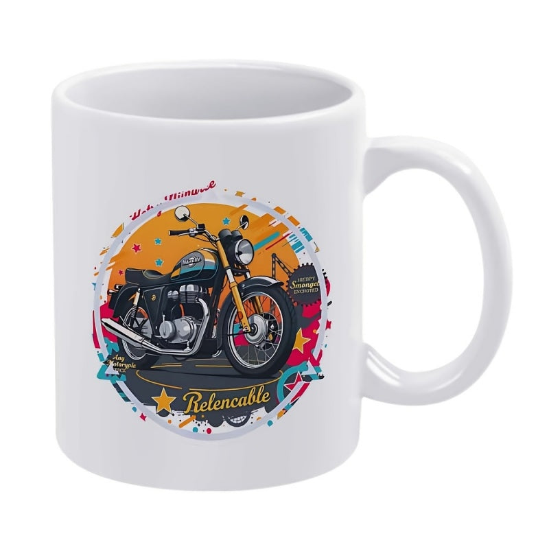 Tailorly White Ceramic 11 oz Mug - Relentless Vintage Classic Style Set Against Vibrant Geometric Circle Motorcycle