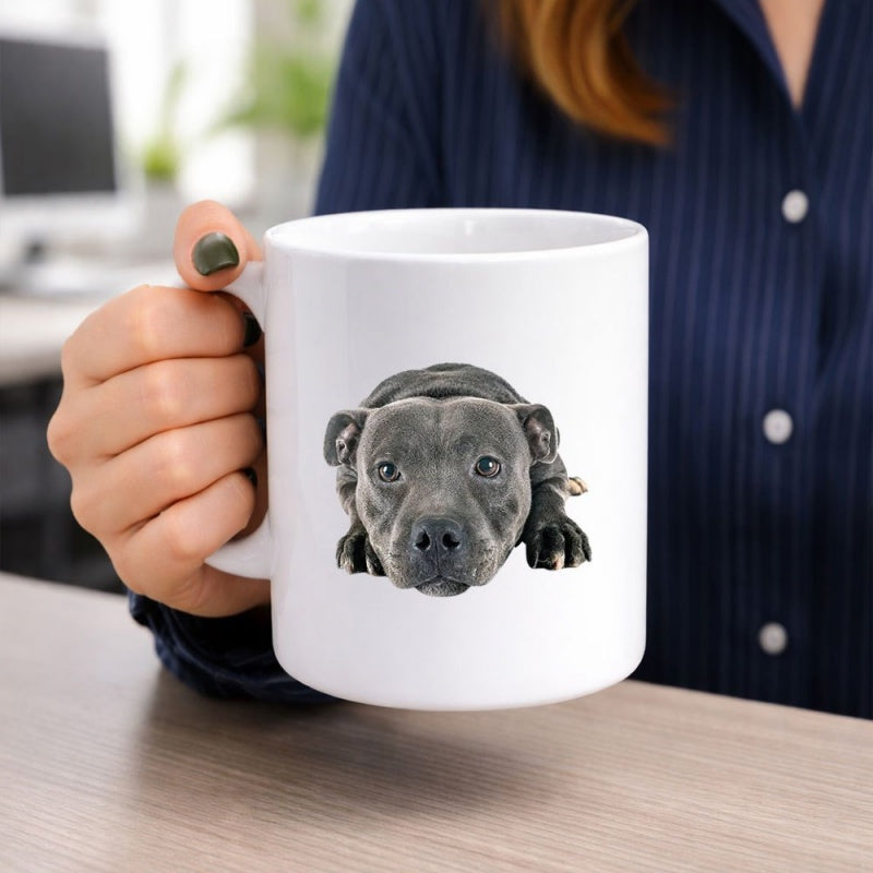 Tailorly White Ceramic 11 oz Mug - Staring Grey Staffordshire Bull Terrier With Attentive Eyes Realistic Portrait Dog