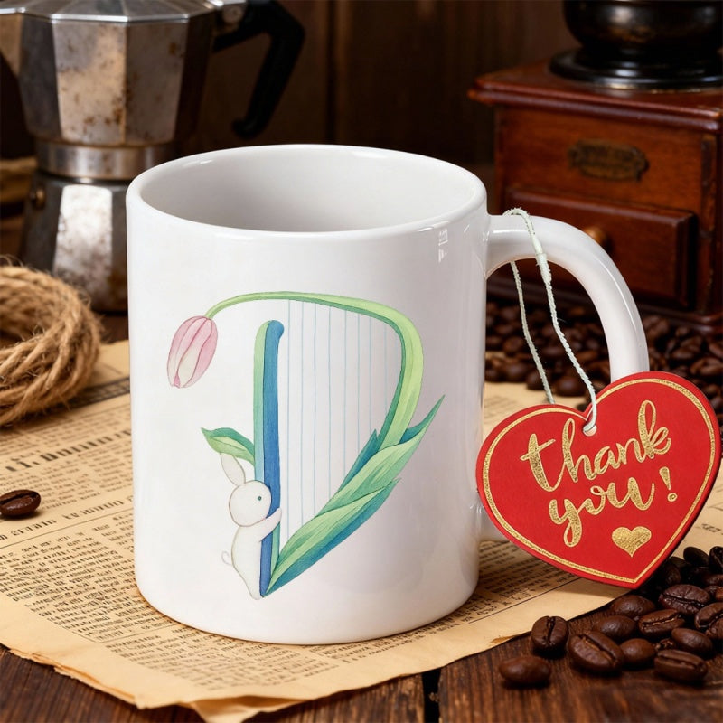 Tailorly White Ceramic 11 oz Mug - Thank You Artistic Letter D Pattern With Rabbit And Blooming Pink Tulip
