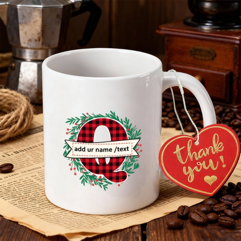 Tailorly White Ceramic 11 oz Mug - Add Your Name Text Rustic Red Plaid Letter With Evergreen Wreath On