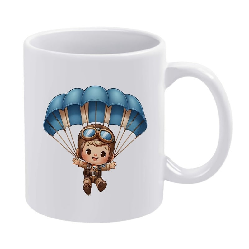 Tailorly White Ceramic 11 oz Mug - Adorable Cartoon Character Floating With Blue Parachute Wearing Vintage Flight Gear Pilot