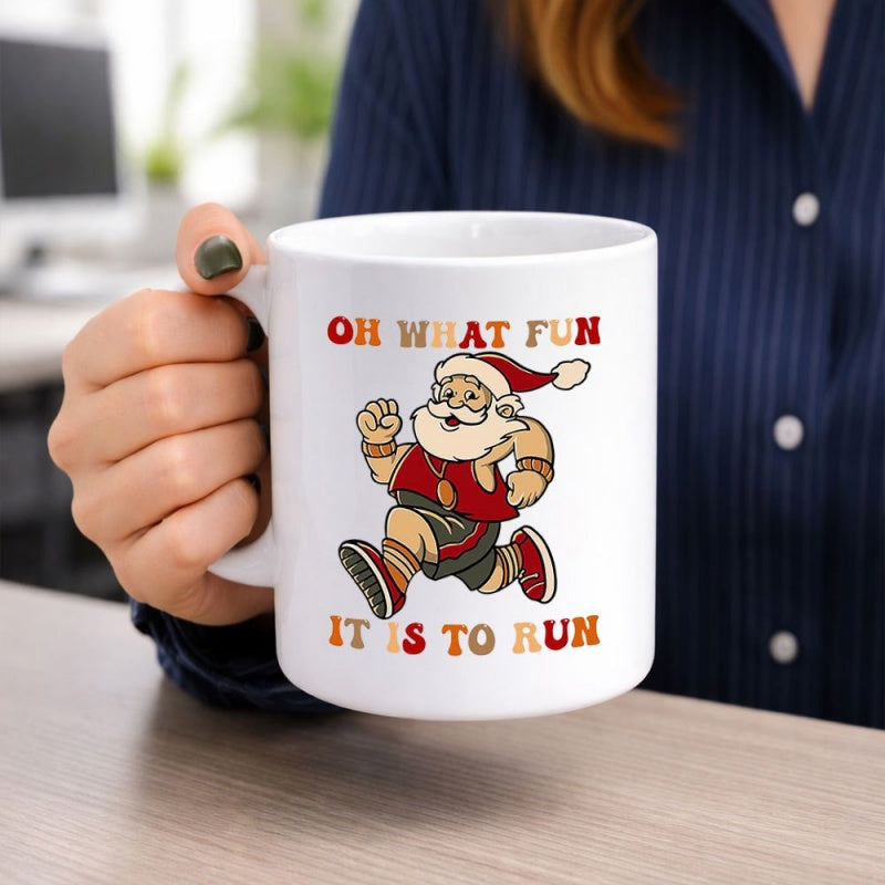 Tailorly White Ceramic 11 oz Mug - Oh What Fun It Is To Run Athletic Santa Claus Jogging In Festive Sporty Apparel For Christmas Santa