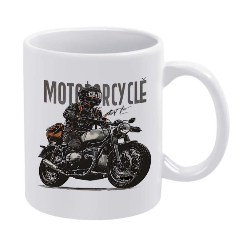 Tailorly White Ceramic 11 oz Mug - Motorcycle Vintage Style Biker Riding Across Plain Background On A Classic Motorcycle