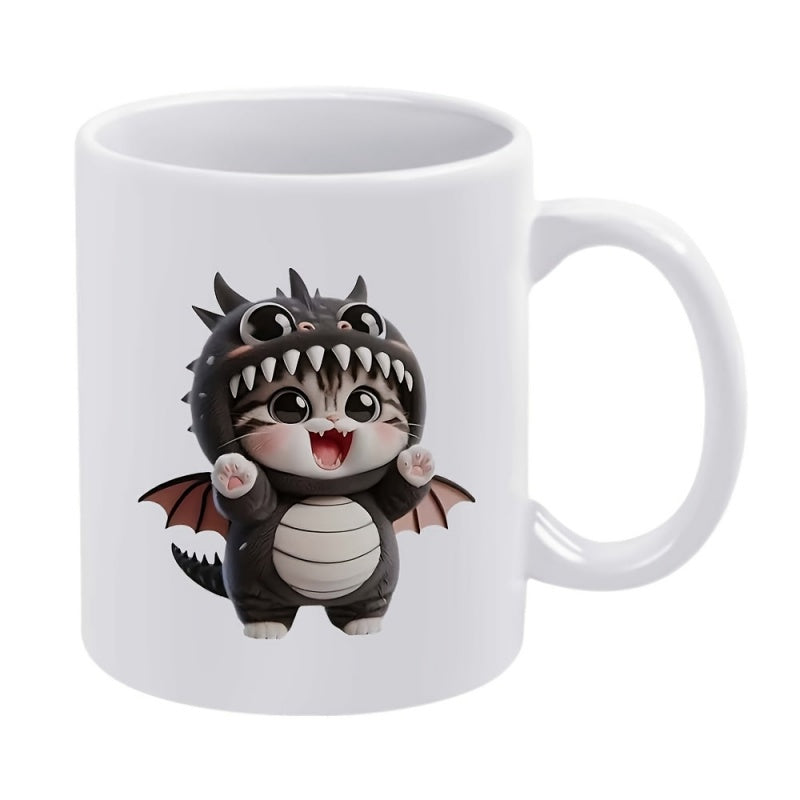Tailorly White Ceramic 11 oz Mug - Adorable Little Kitten Wearing A Fierce Black Dragon Costume With Wings Cat