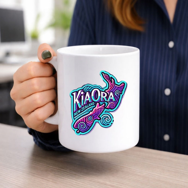 Tailorly White Ceramic 11 oz Mug - New Zealand Vibrant Purple And Blue Artistic Tribal Style Island Map