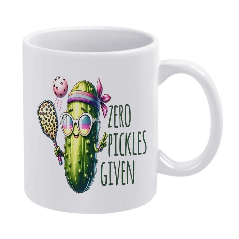 Tailorly White Ceramic 11 oz Mug - Zero Pickles Given Cartoon Character Wearing Sunglasses Holding Paddle Playing Sports With Spotted Ball Pickle