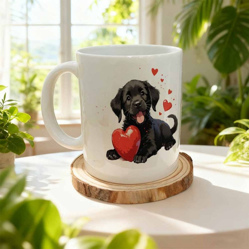 Tailorly White Ceramic 11 oz Mug - Cute Black Puppy Sitting Beside Large Red Heart With Tiny Floating Hearts Dog