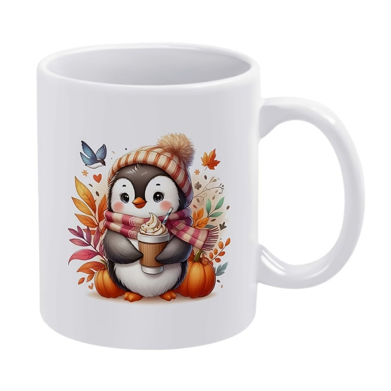 Tailorly White Ceramic 11 oz Mug - Adorable Little Wearing Knitted Scarf And Hat Holding Coffee Among Autumn Pumpkins Penguin