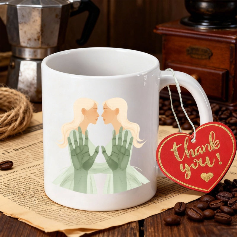 Tailorly White Ceramic 11 oz Mug - Symmetrical Twin Blonde Women Facing Each Other With Raised Green Hands Figures
