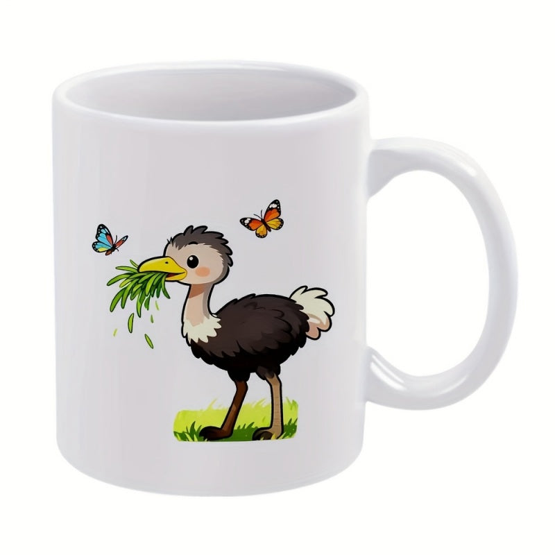 Tailorly White Ceramic 11 oz Mug - Cartoon Ostrich Eating Fresh Green Grass With Flying Colorful Butterflies Ostrich