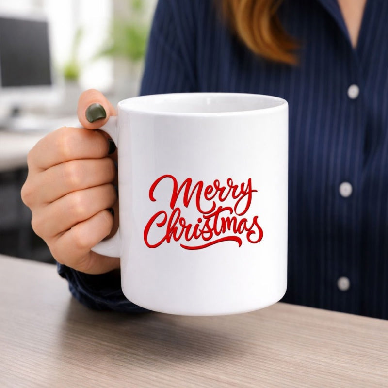 Tailorly White Ceramic 11 oz Mug - Merry Christmas Clean White Ceramic Held By Hand On Wooden Table Background Mug