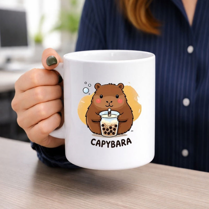 Tailorly White Ceramic 11 oz Mug - Capybara Adorable Cartoon Animal Drinking Delicious Bubble Tea With Golden Splash Capybara