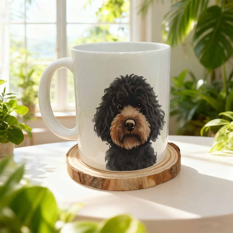 Tailorly White Ceramic 11 oz Mug - Hand Painted Style Fluffy Black Dog With Tan Muzzle Looking Forward Dog