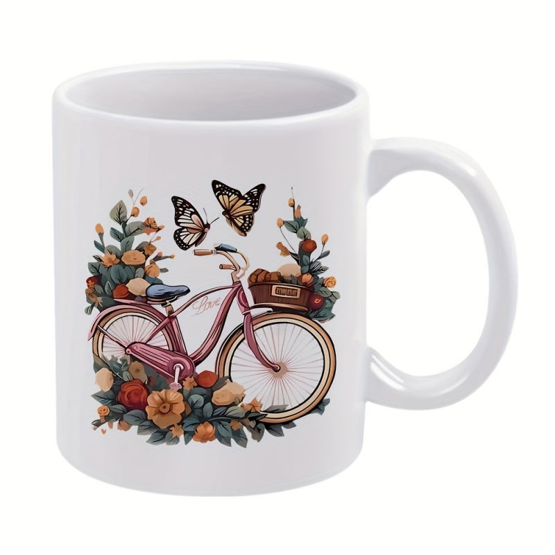 Tailorly White Ceramic 11 oz Mug - Vintage Pink Frame Surrounded By Fragrant Garden Flowers And Flying Butterflies Bicycle