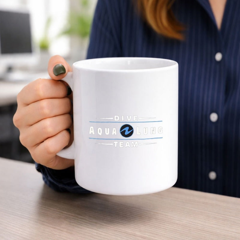 Tailorly White Ceramic 11 oz Mug - Dive Aqua Team Professional Minimalist Circular Blue Wave Symbol Under Clean White Porcelain Mug