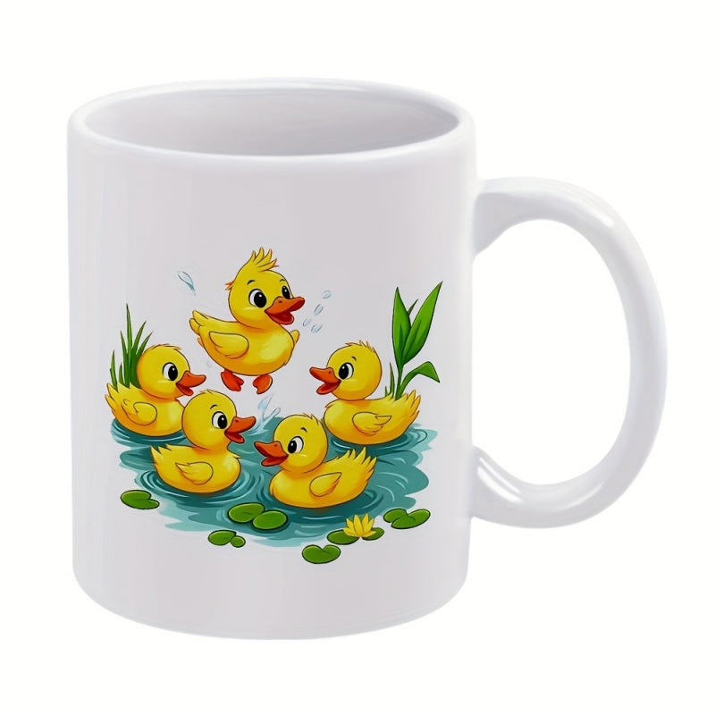 Tailorly White Ceramic 11 oz Mug - Cute Yellow Ducklings Swimming Together In A Peaceful Blue Water Pond Duckling