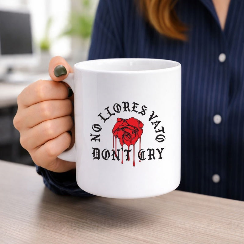 Tailorly White Ceramic 11 oz Mug - Don't Cry Gothic Bleeding Red Rose With Dark Droplets Falling From Petals Rose