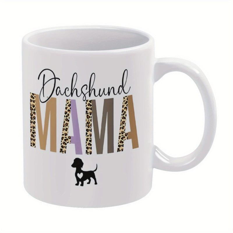 Tailorly White Ceramic 11 oz Mug - Dachshund Mama Decorative Leopard Print Font With A Small Heart Silhouette Dachshund