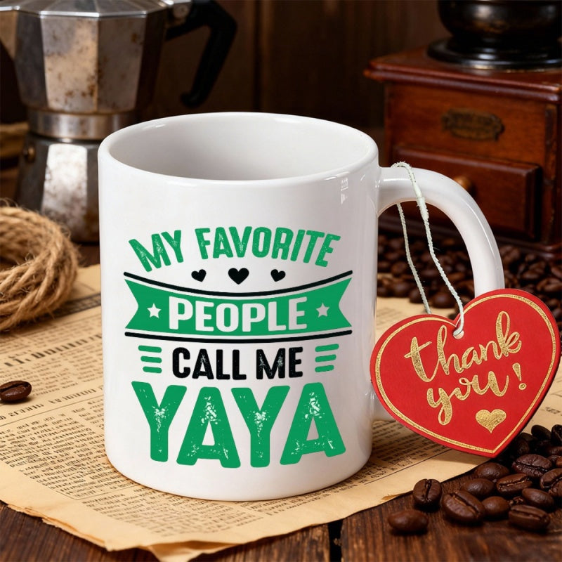 Tailorly White Ceramic 11 oz Mug - My Favorite People Call Me Yaya Green Text And Banner Featuring Hearts Decorative Lines Mug