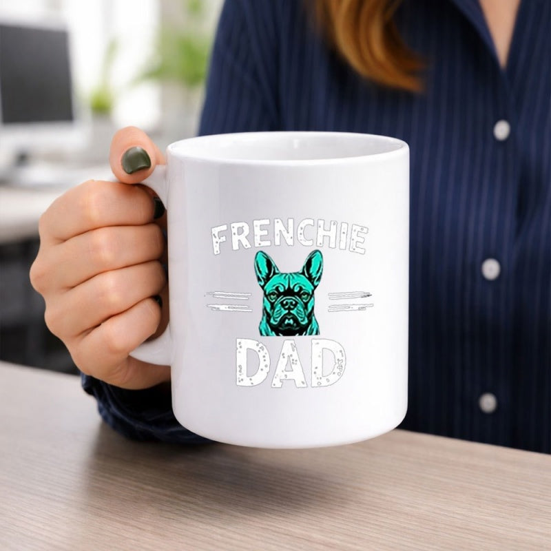 Tailorly White Ceramic 11 oz Mug - Frenchie Dad Vibrant Teal Artistic Dog Portrait Under Distressed Vintage Font Bulldog