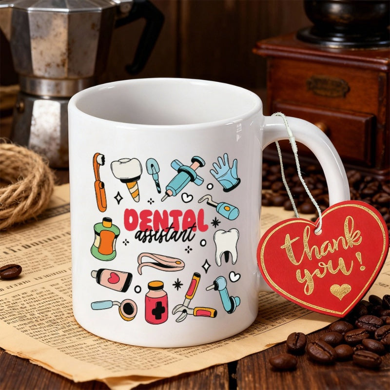 Tailorly White Ceramic 11 oz Mug - Dental Assistant Colorful Cartoon Medical Tools With Cute Icons And Sparkles Mug