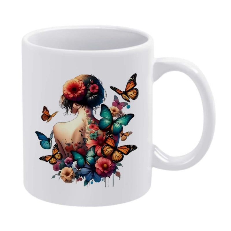 Tailorly White Ceramic 11 oz Mug - Artistic Silhouette With Colorful Butterflies And Blooming Garden Flowers Woman