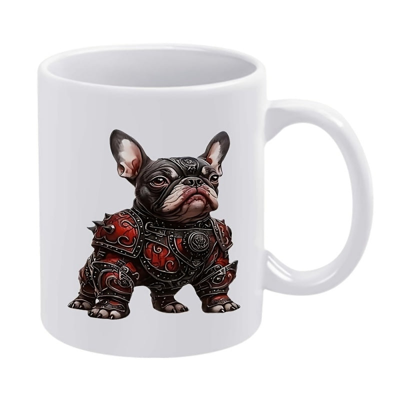 Tailorly White Ceramic 11 oz Mug - Intricately Detailed Red And Black Ornate Fantasy Armor Wearing Standing French Bulldog