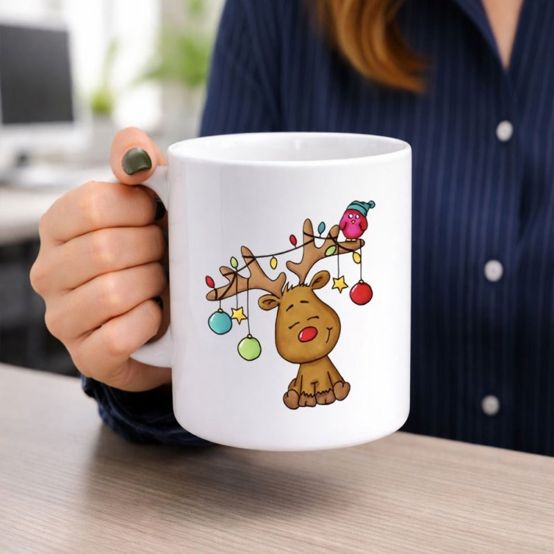 Tailorly White Ceramic 11 oz Mug - Festive Cute Cartoon With Colorful Lights And Ornaments Decorating Antlers Reindeer