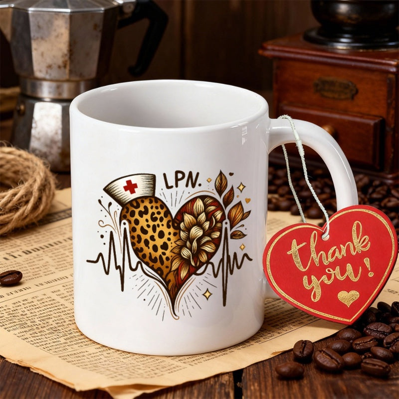 Tailorly White Ceramic 11 oz Mug - LPN Artistic Heart With Leopard Print And Floral Patterns Under Nurse Cap Heart
