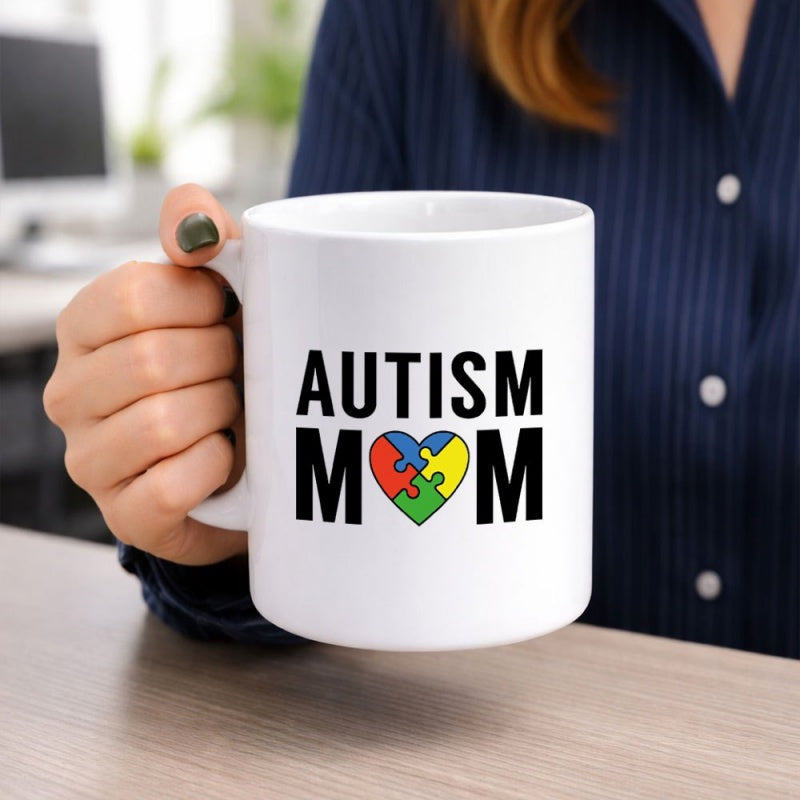 Tailorly White Ceramic 11 oz Mug - Autism Mom Vibrant Colorful Puzzle Pieces Arranged In A Supportive Awareness Shape Heart