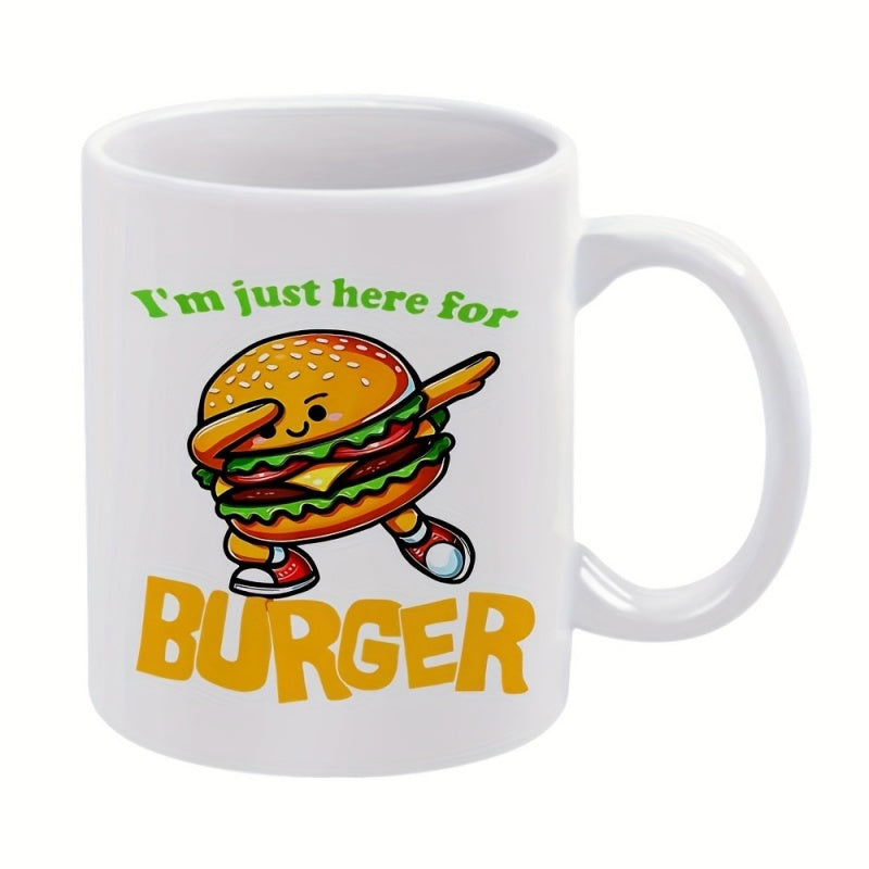 Tailorly White Ceramic 11 oz Mug - I'm Just Here For Burger Cute Dancing Fast Food Character Performing A Dab With Sneakers Burger