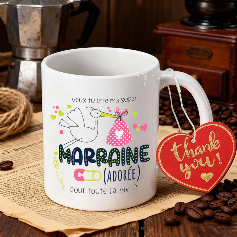 Tailorly White Ceramic 11 oz Mug - Thank You Graceful Cartoon Bird Carrying A Pink Polka Dot Bundle Among Decorative Hearts Stork