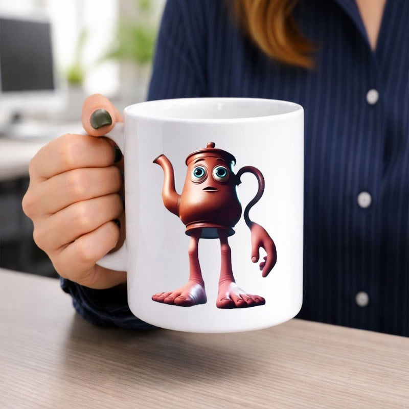 Tailorly White Ceramic 11 oz Mug - Anthropomorphic Copper Kettle With Human Like Feet And Large Eyes Teapot