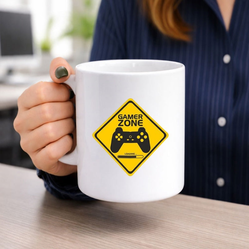 Tailorly White Ceramic 11 oz Mug - Gamer Zone Yellow Diamond Warning Sign With Loading Bar Controller