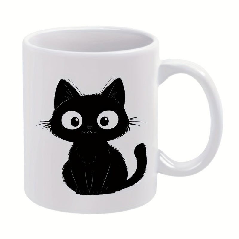 Tailorly White Ceramic 11 oz Mug - Adorable Sitting Silhouette Of A Wide Eyed Little Domesticated Black Cat