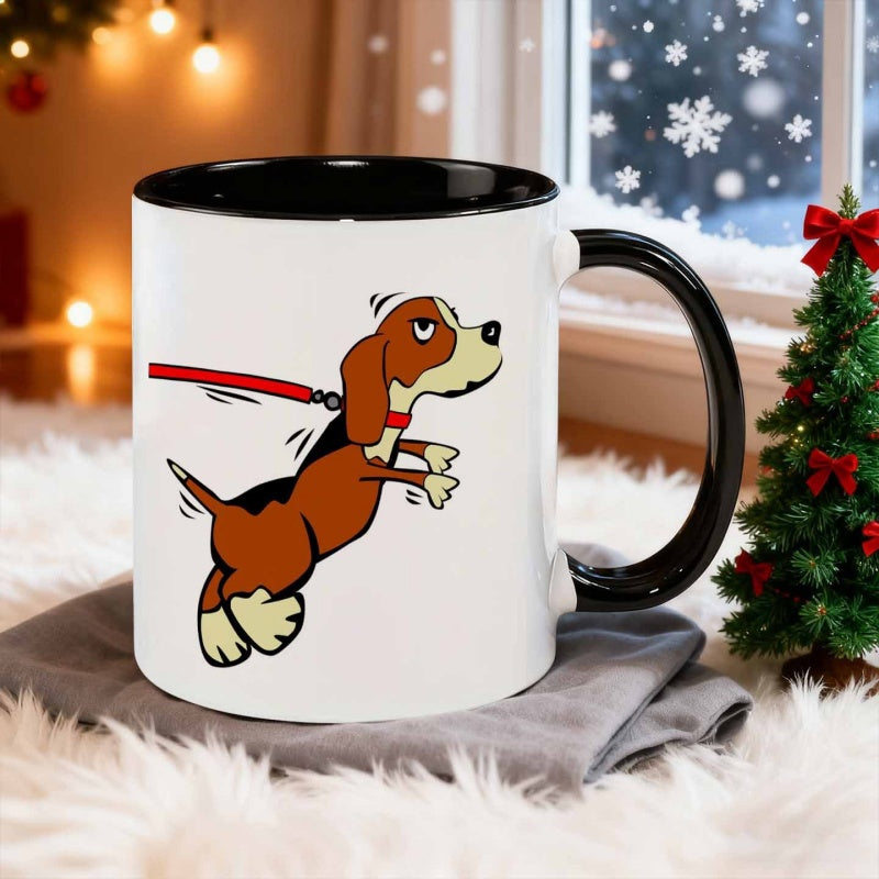 Tailorly Black Accent 11 oz Mug - cartoon style leashed puppy