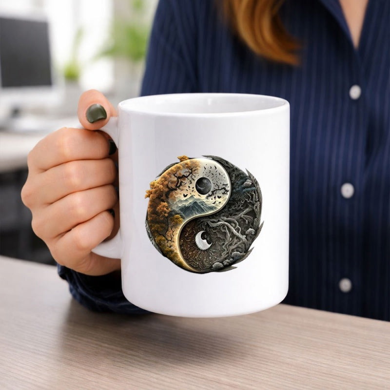 Tailorly White Ceramic 11 oz Mug - Artistic Circular Symbol Featuring Golden Autumn Landscapes And Dark Celestial Night Yin Yang