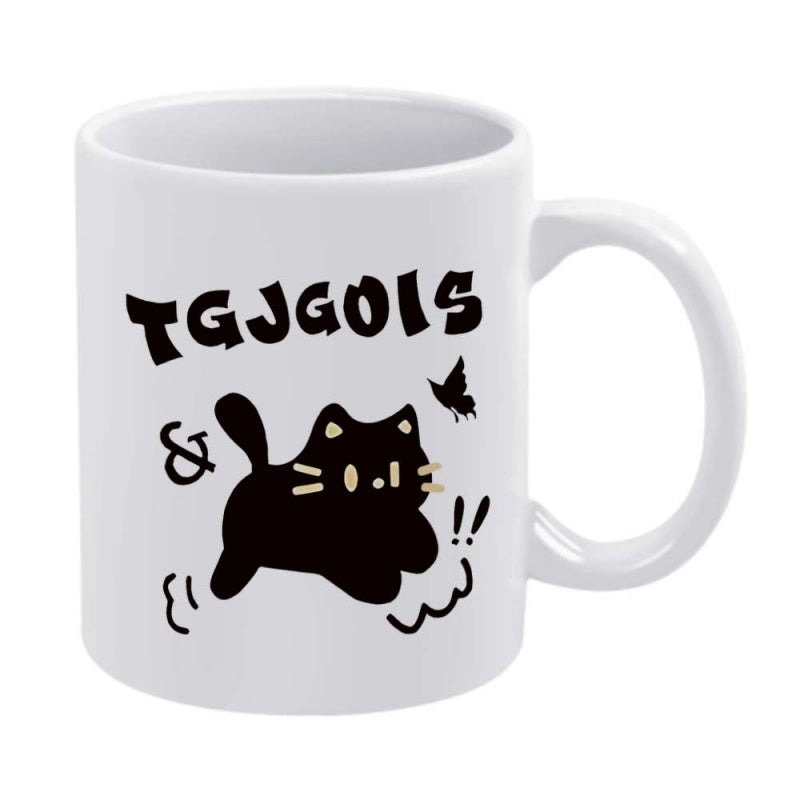 Tailorly White Ceramic 11 oz Mug - TGJGOIS Cute Playful Silhouette Leaping Across Surface With Butterfly And Motion Lines Cat