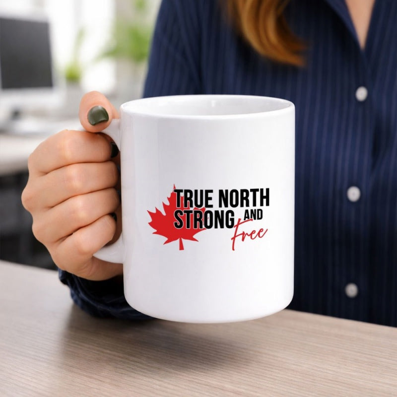 Tailorly White Ceramic 11 oz Mug - True North Strong And Free Red Maple Leaf Symbolizing Patriotic Spirit On A Classic
